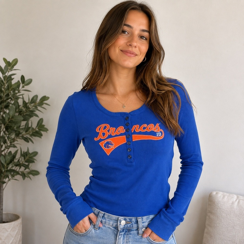 Creative Apparel Concepts Henley Women XL Blue Boise State Broncos Ribbed 0310